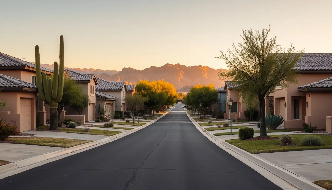 Arizona suburban street with level driveways and desert landscaping at golden hour