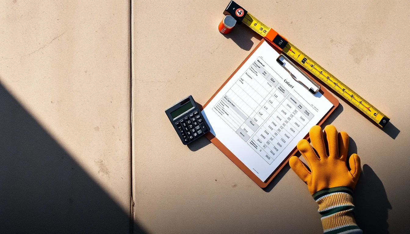 Cost worksheet and level tool on a concrete slab