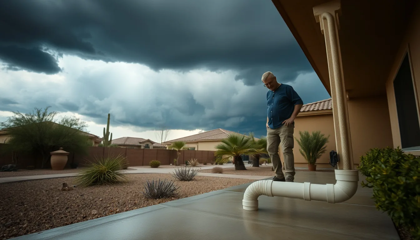 Homeowner checking patio drainage before a monsoon storm