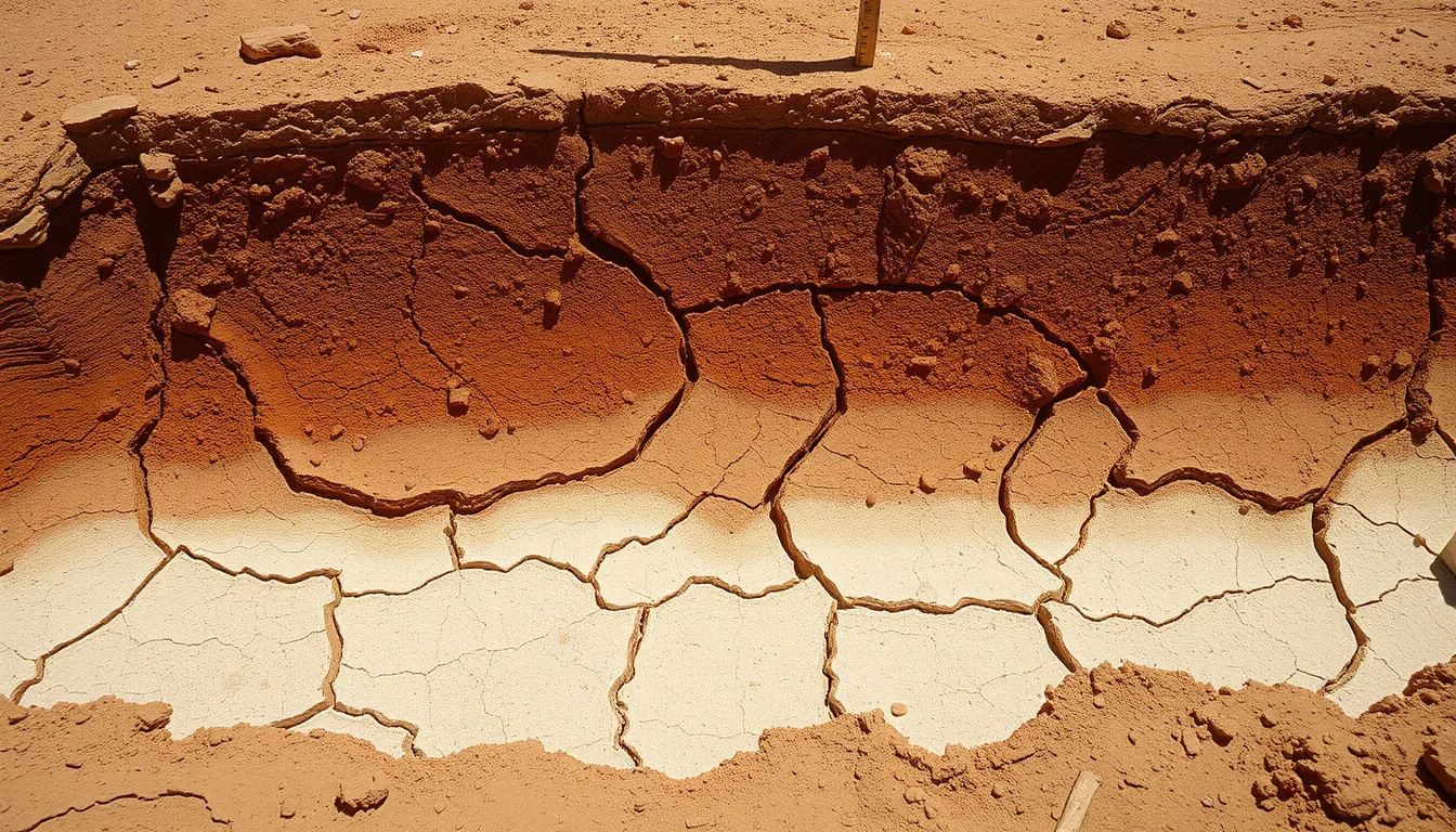 Arizona soil profile showing hard caliche layer beneath desert soil