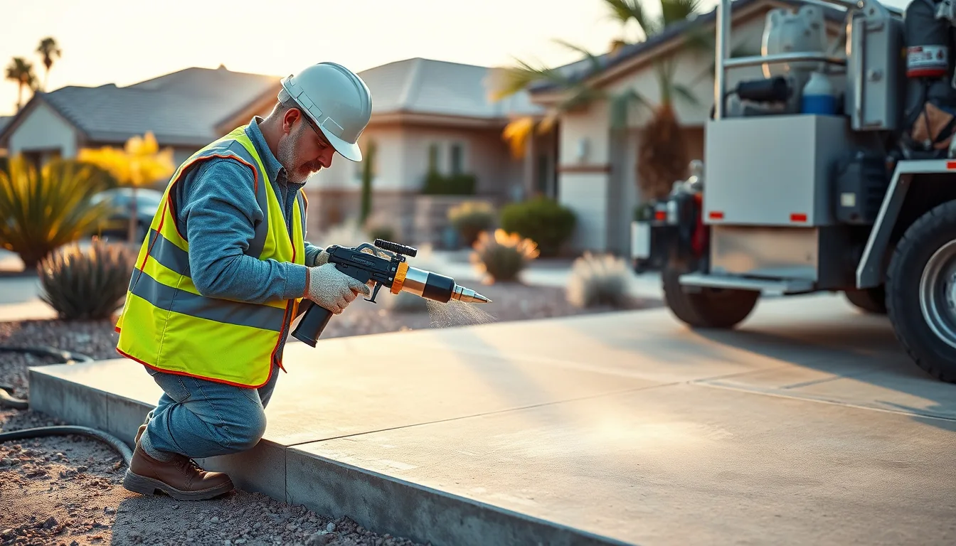 Technician injecting polyurethane foam under a sunken concrete driveway at an Arizona home